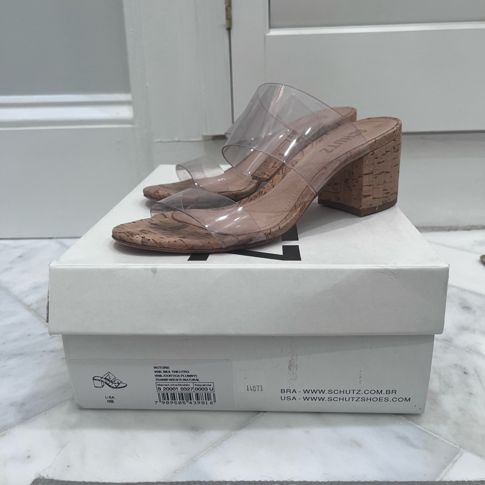 Schutz Clear Strap Cork Block Heel Sandals Size 6